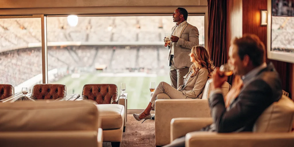 Corporate executives networking in a luxury stadium suite overlooking a major sporting event with premium catering and service