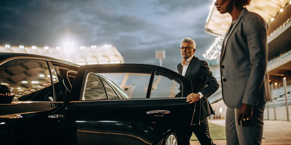Senior executive entering a luxury sedan outside a major event venue