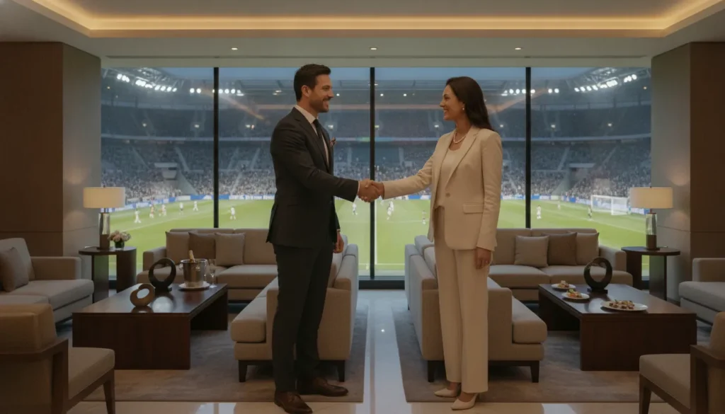 Business hosts greeting a client in a premium sporting event lounge