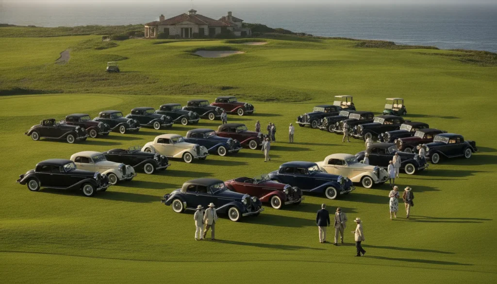 Classic cars displayed on the Pebble Beach Concours show field