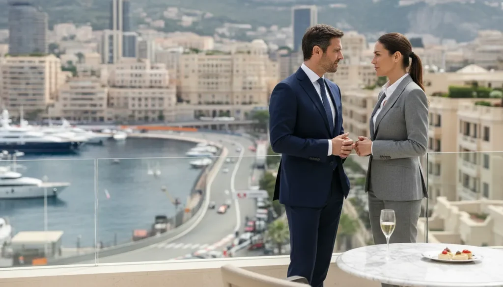 Executives discussing a Monaco Grand Prix hospitality experience on a harbor-view terrace