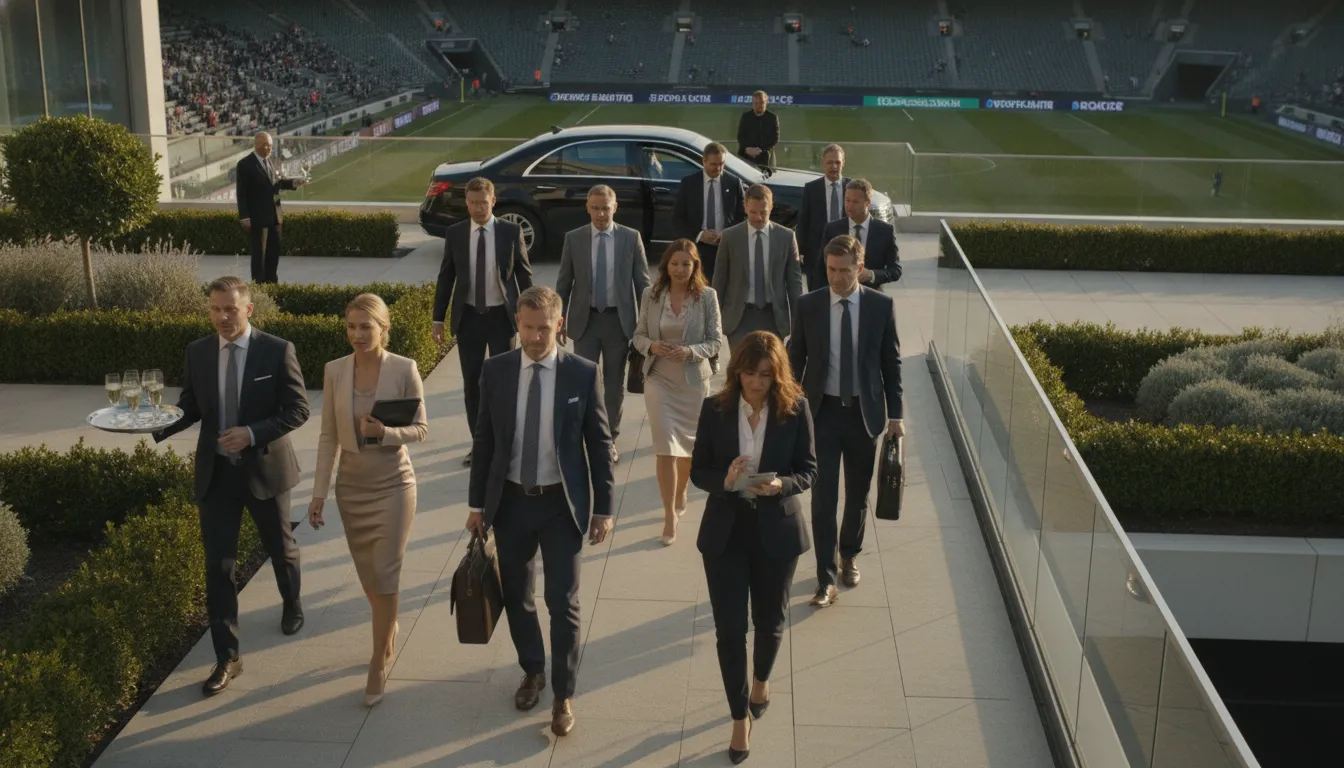 Corporate guests arriving at a premium sporting event hospitality terrace
