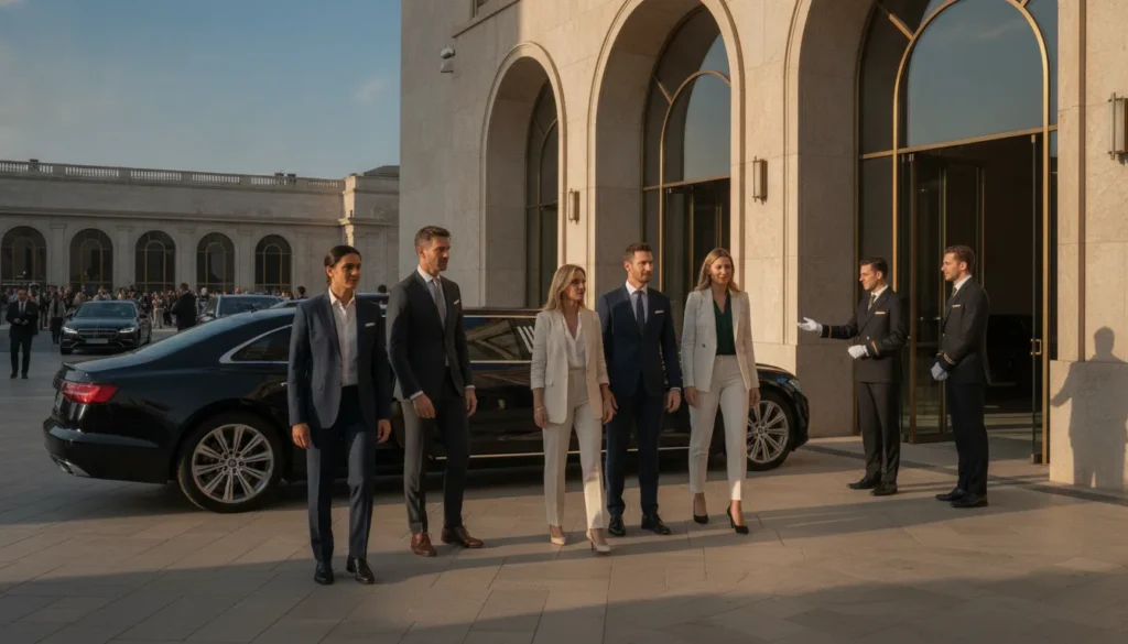 Executive leadership team arriving at a premium sporting event with coordinated luxury travel support