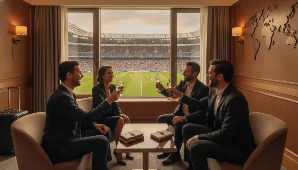 Executive team discussing incentive event planning in a premium sports hospitality suite