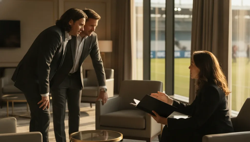 Luxury travel planner consulting with executive guests before a VIP sports event