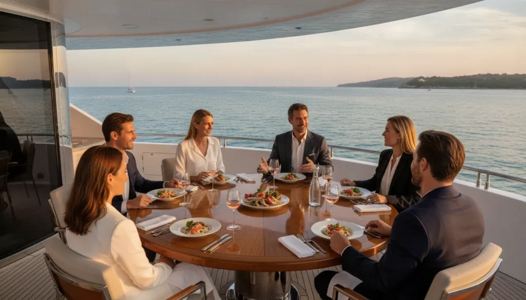 Executives hosting clients aboard a luxury yacht at sunset