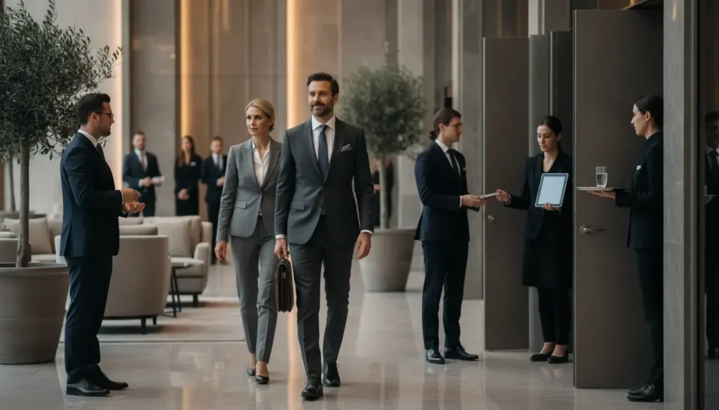 Corporate leaders arriving discreetly at a premium event as part of an executive protection plan