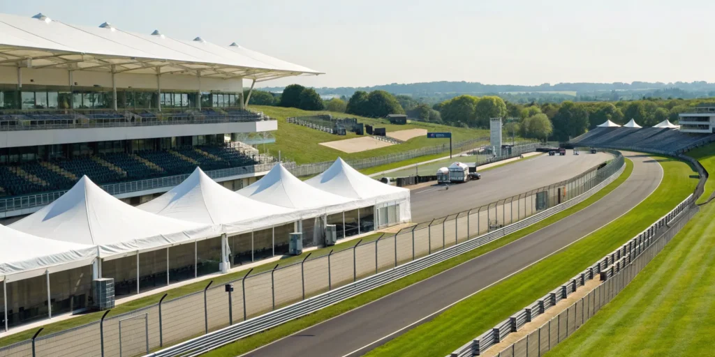 British Grand Prix corporate hospitality suites overlooking the Silverstone circuit.