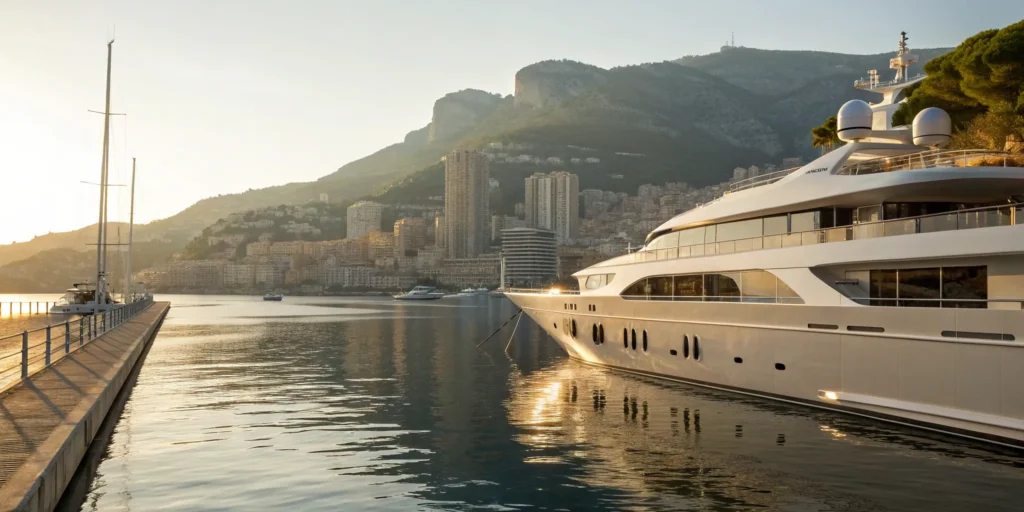 A luxury yacht offering trackside hospitality at the Monaco Grand Prix.