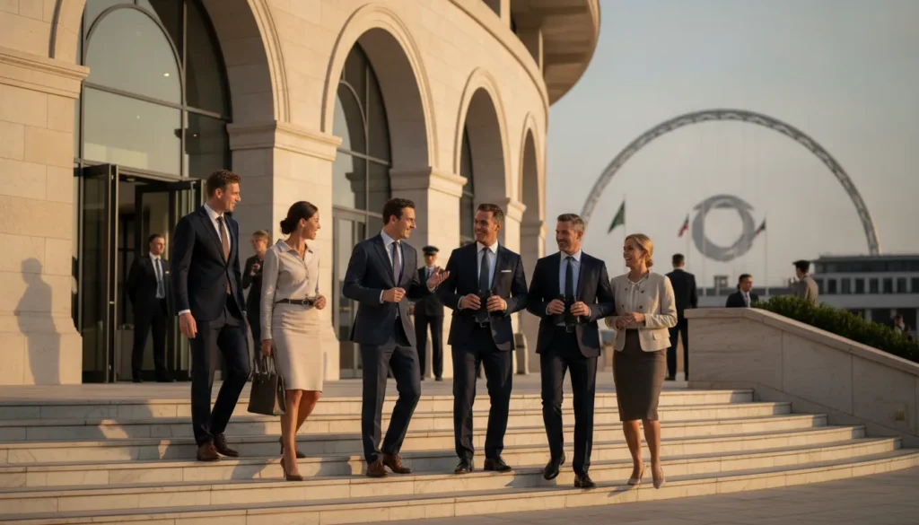 Corporate guests arriving at a premium sports travel experience