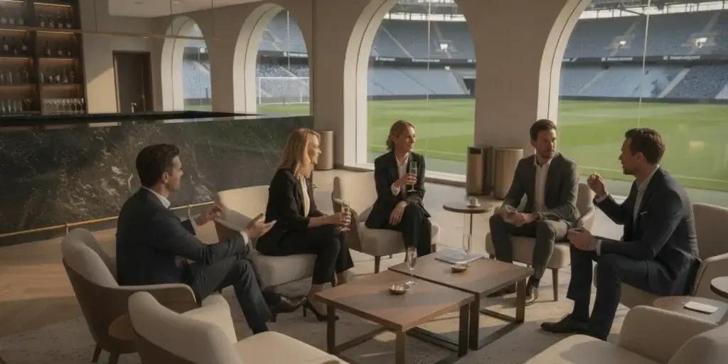 Guests talking over refreshments in a refined football stadium hospitality lounge