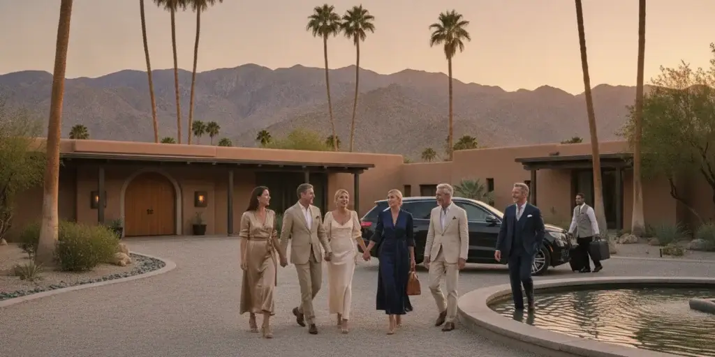 Festival guests arriving together at a Coachella-area luxury hotel before an evening at the festival