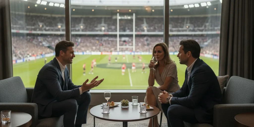 Corporate guests talking together in a private hospitality suite at a live sporting event
