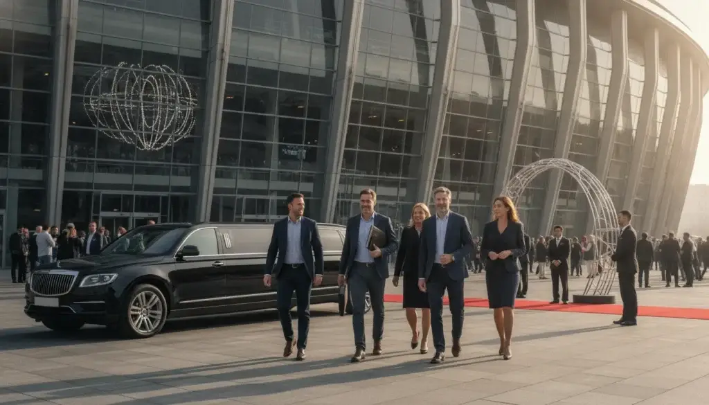 Corporate guests arriving at a premium sporting event venue