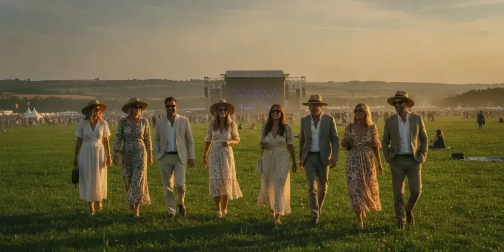 Festivalgoers walking across a green field toward a distant live music stage at sunset