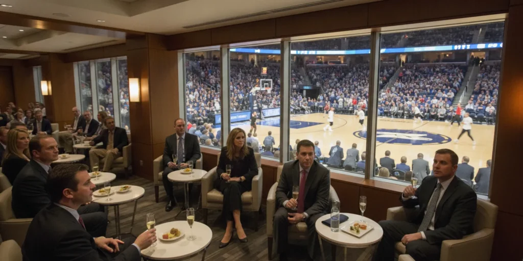 Basketball fans watching a March Madness tournament game from premium arena seating