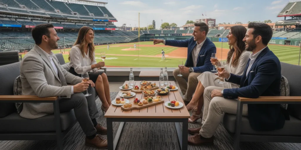 Corporate guests watching a baseball game from a premium stadium hospitality area during MLB All-Star events