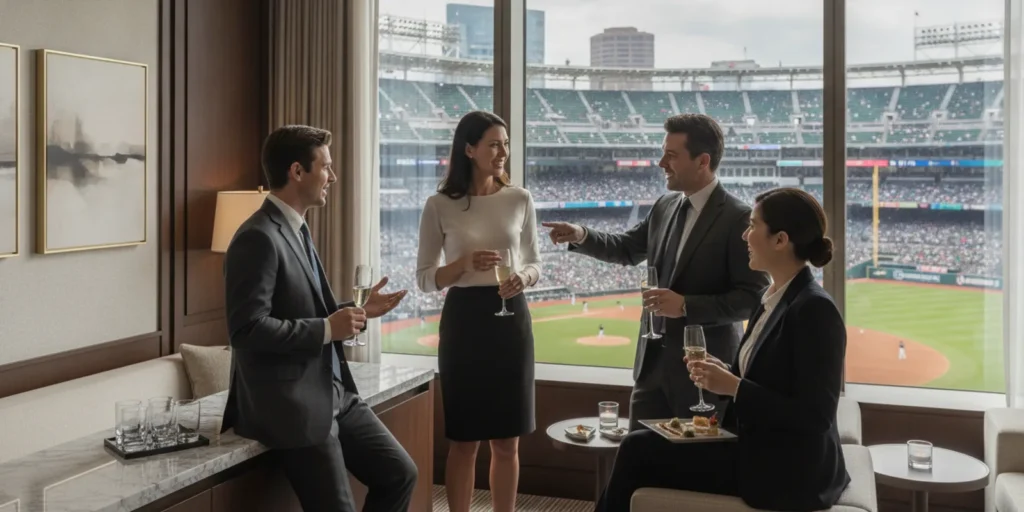 Corporate guests sharing a premium baseball game experience from a private hospitality setting