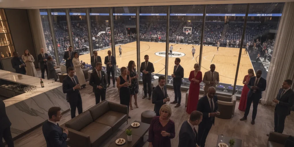 Guests watching basketball warmups from an arena hospitality lounge during NBA All-Star weekend