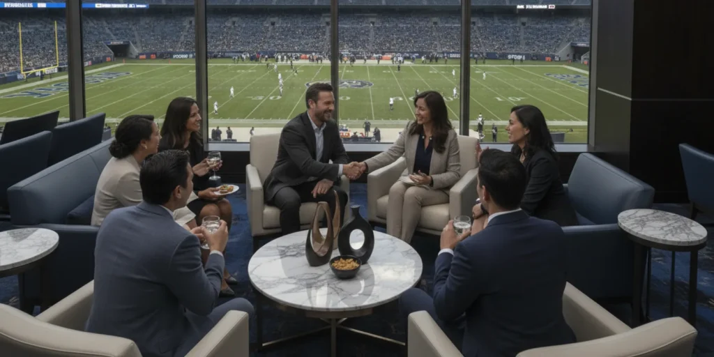 Corporate guests sharing a premium game-day experience in a stadium hospitality space