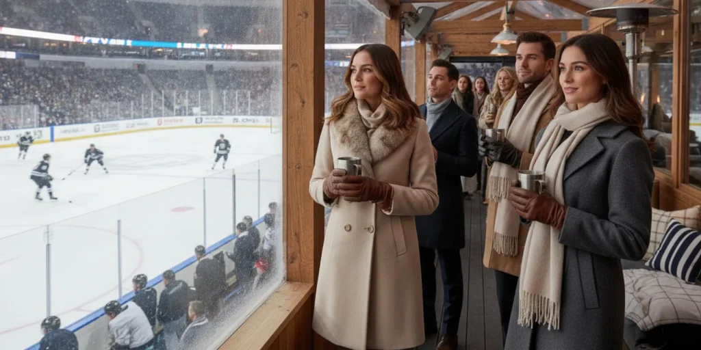 Premium travelers watching an outdoor NHL Winter Classic hockey game in winter