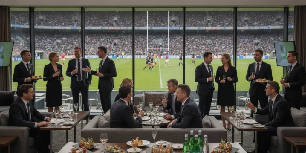 Corporate guests planning a Rugby World Cup match-day experience in a stadium hospitality lounge