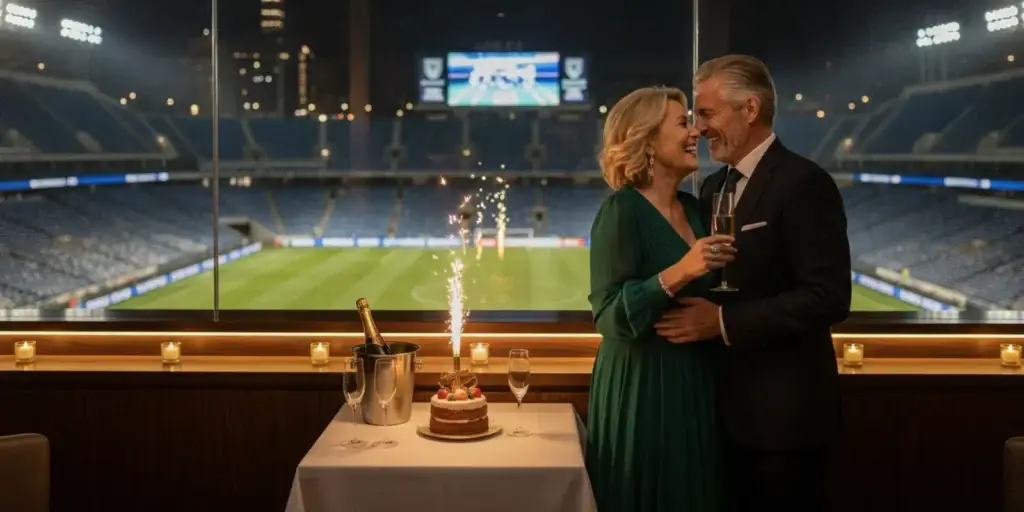 Couple celebrating an anniversary at an evening sporting event with hospitality nearby