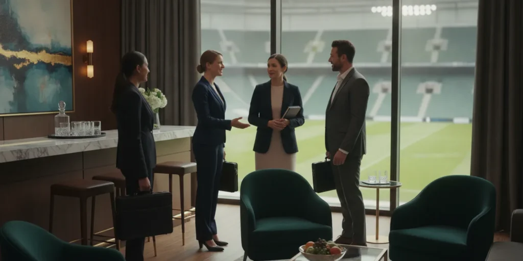 Business hosts welcoming clients in a private sports venue hospitality suite