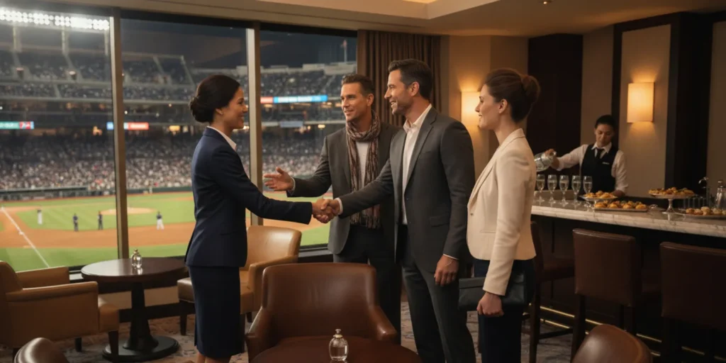 Corporate hosts welcoming clients during a premium World Series baseball hospitality experience